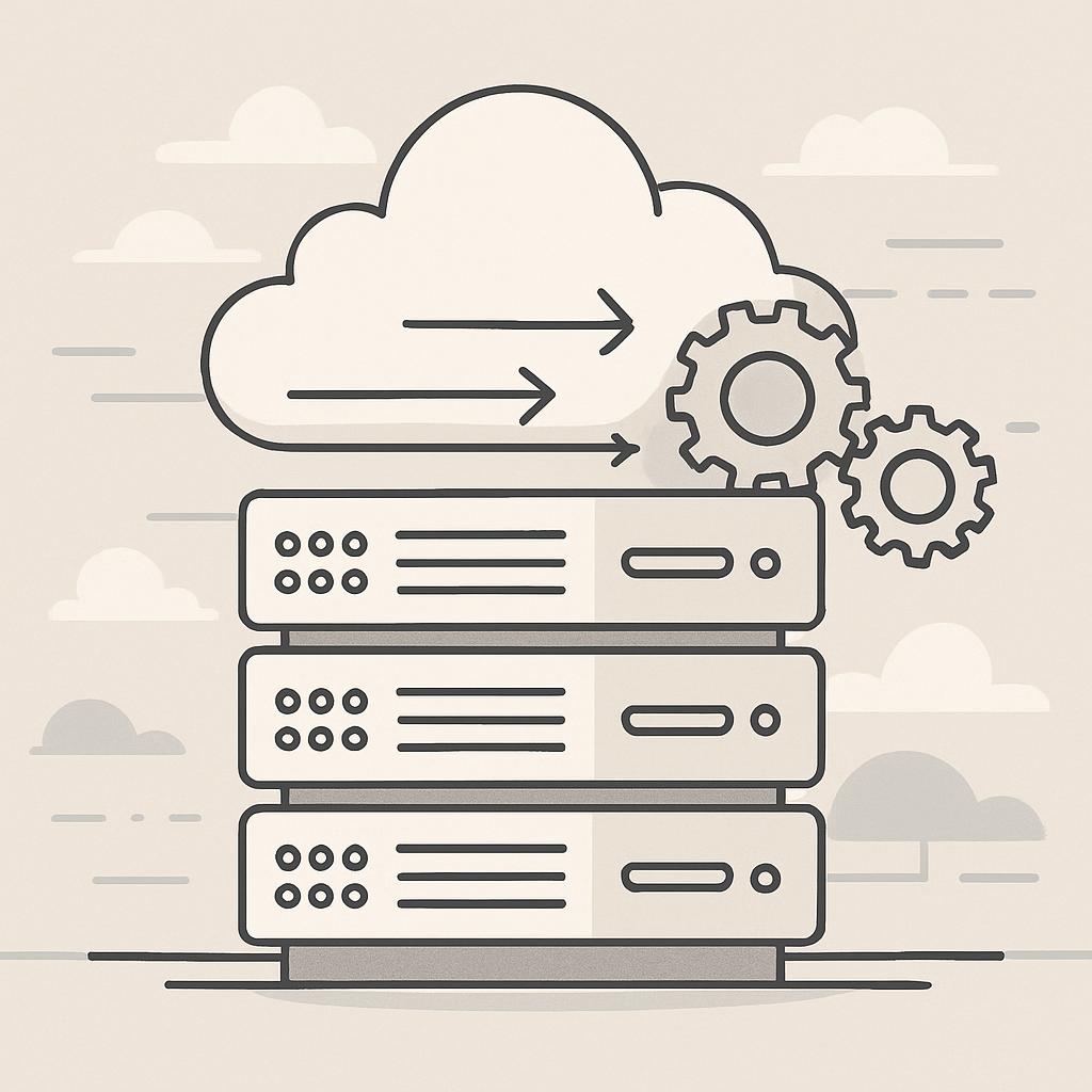 A cloud server illustrated by a stack of storage units surrounded by cloud graphics.